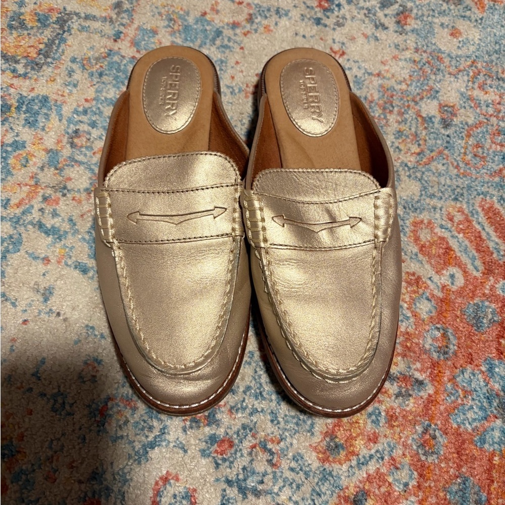 Sperry Topsiders gold metallic leather slides